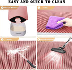 Pink honeycomb double layer cat mat used as a feeding station protector.