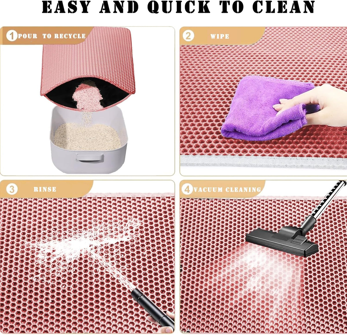 Pink honeycomb double layer cat mat used as a feeding station protector.