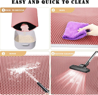 Pink honeycomb double layer cat mat used as a feeding station protector.