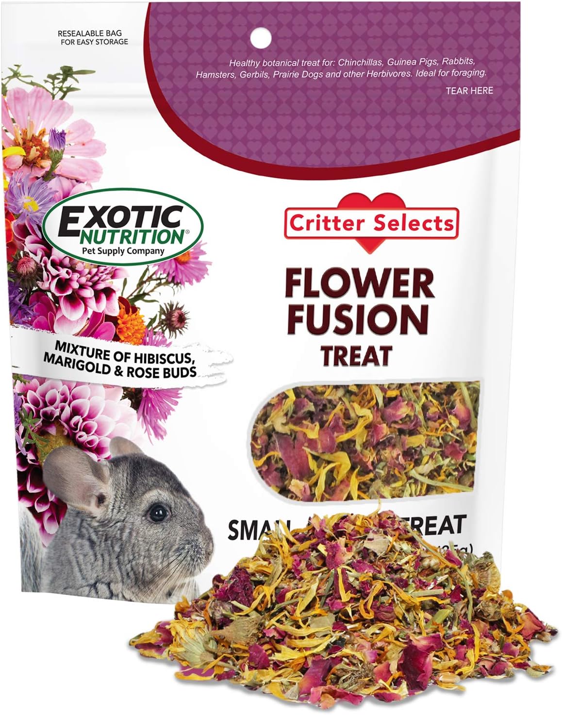 Exotic Nutrition Flower Fusion Treat front pouch view showing organic dried flowers for small pets
