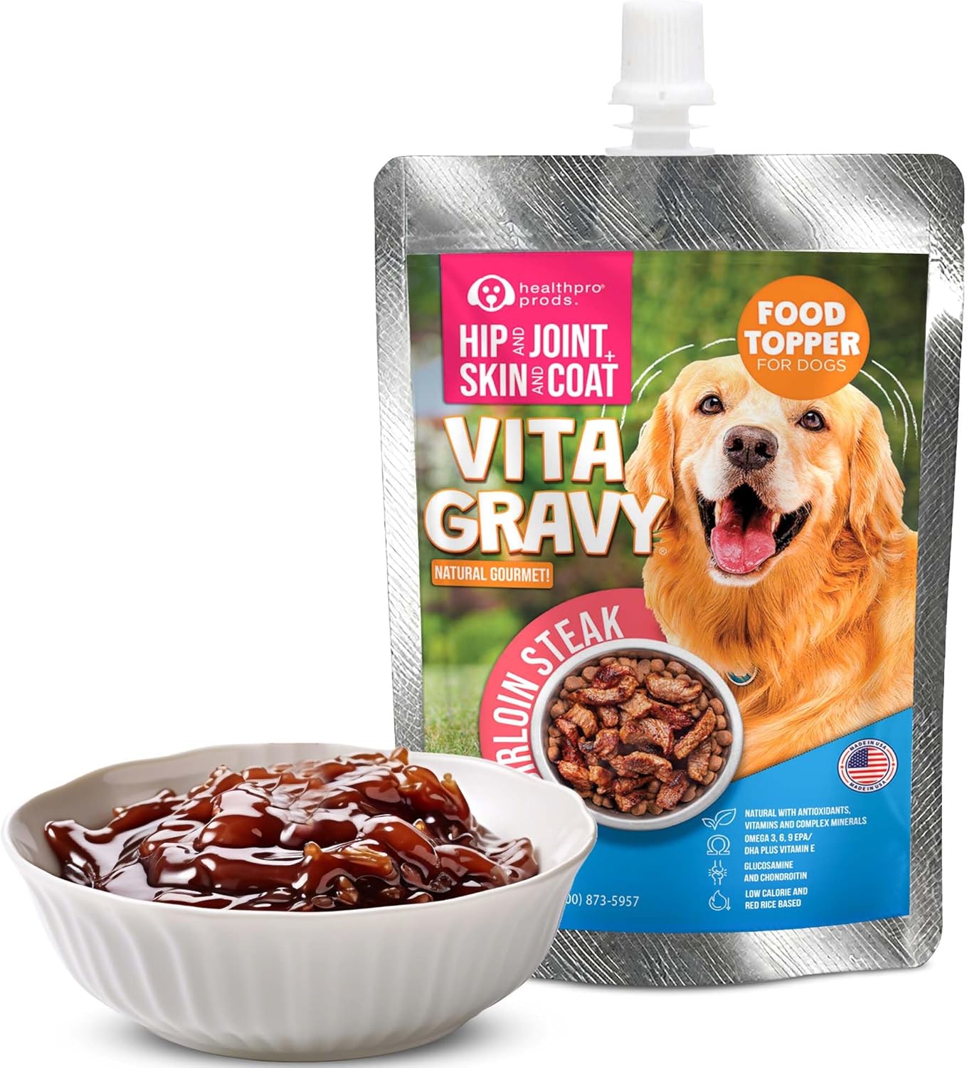 Healthpro Prods VitaGravy Sirloin Steak liquid food topper poured over dry kibble