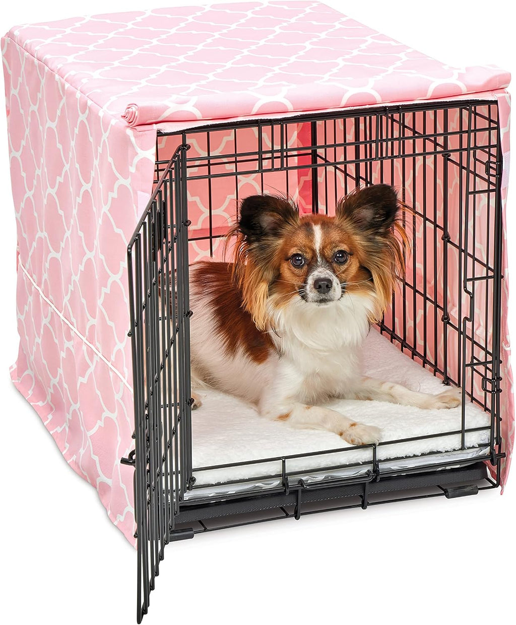 New World dog crate cover front view pink designer pattern
