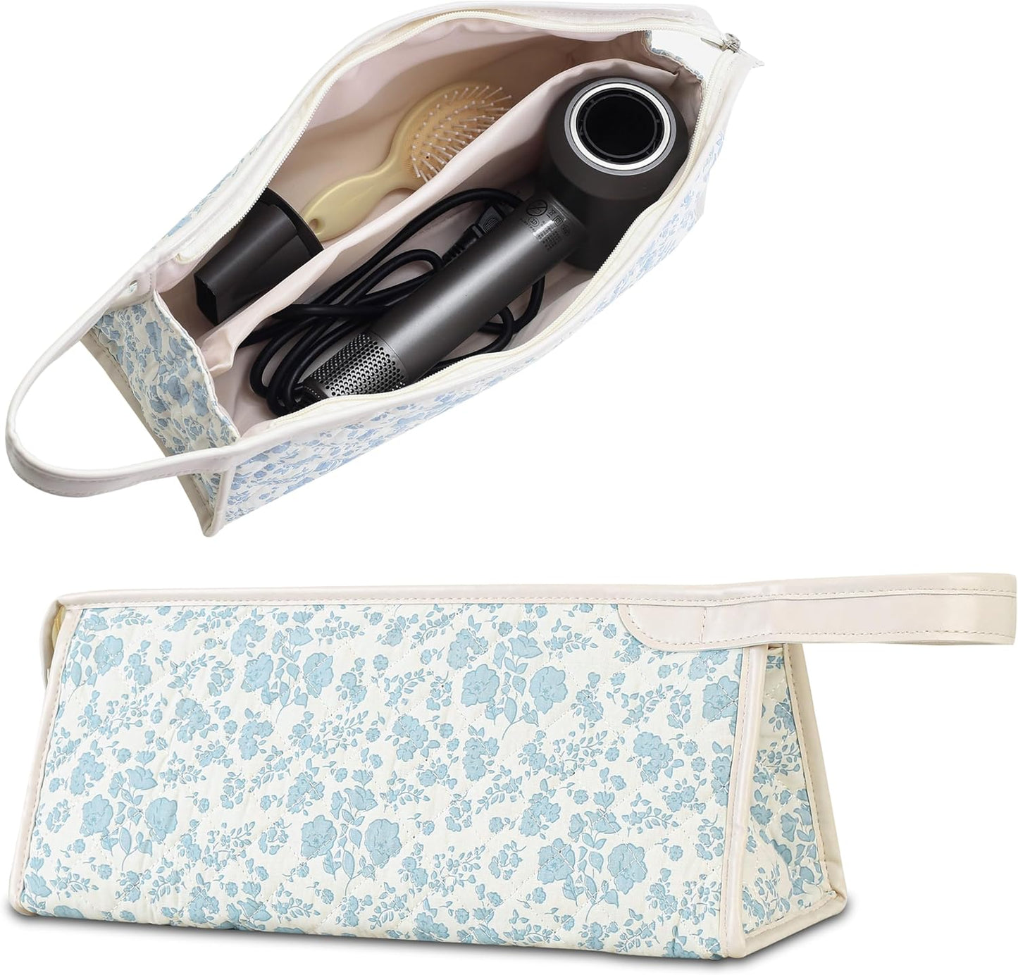 GISMTR large quilted hair tools travel bag front view showing blue floral cotton pattern