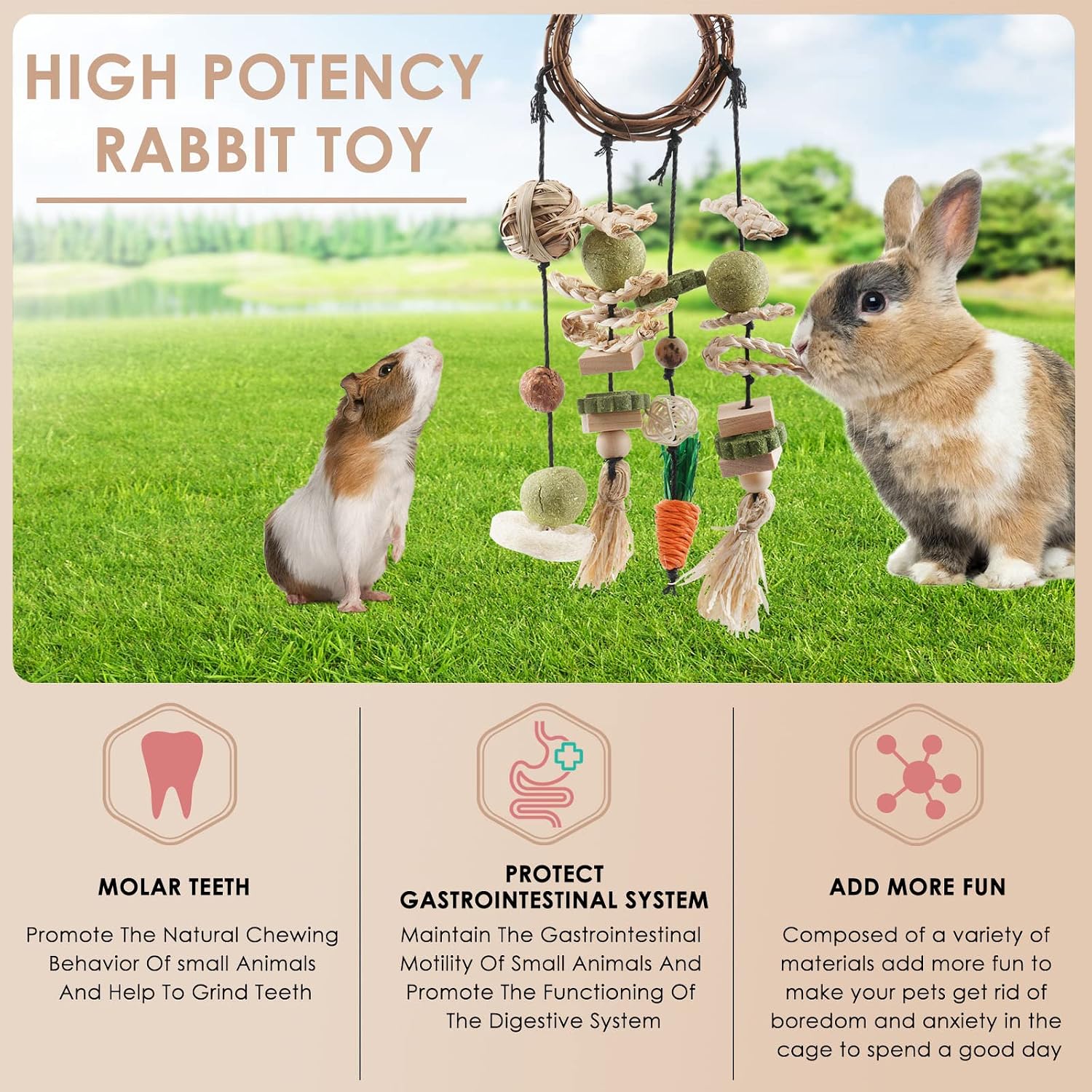 Guinea pig cage enrichment toy displaying organic grass treats and hanging clip