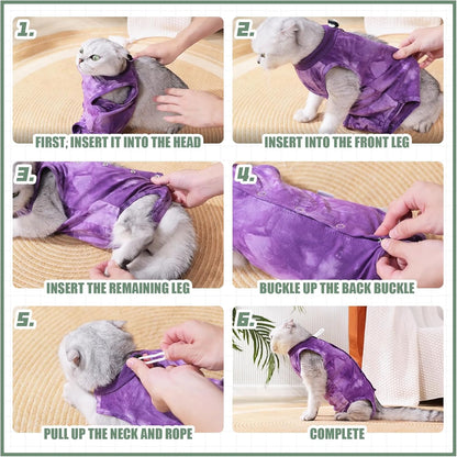 Purple tie dye pet onesie showing adjustable back velcro closure