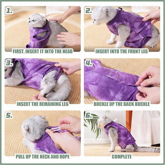 Purple tie dye pet onesie showing adjustable back velcro closure