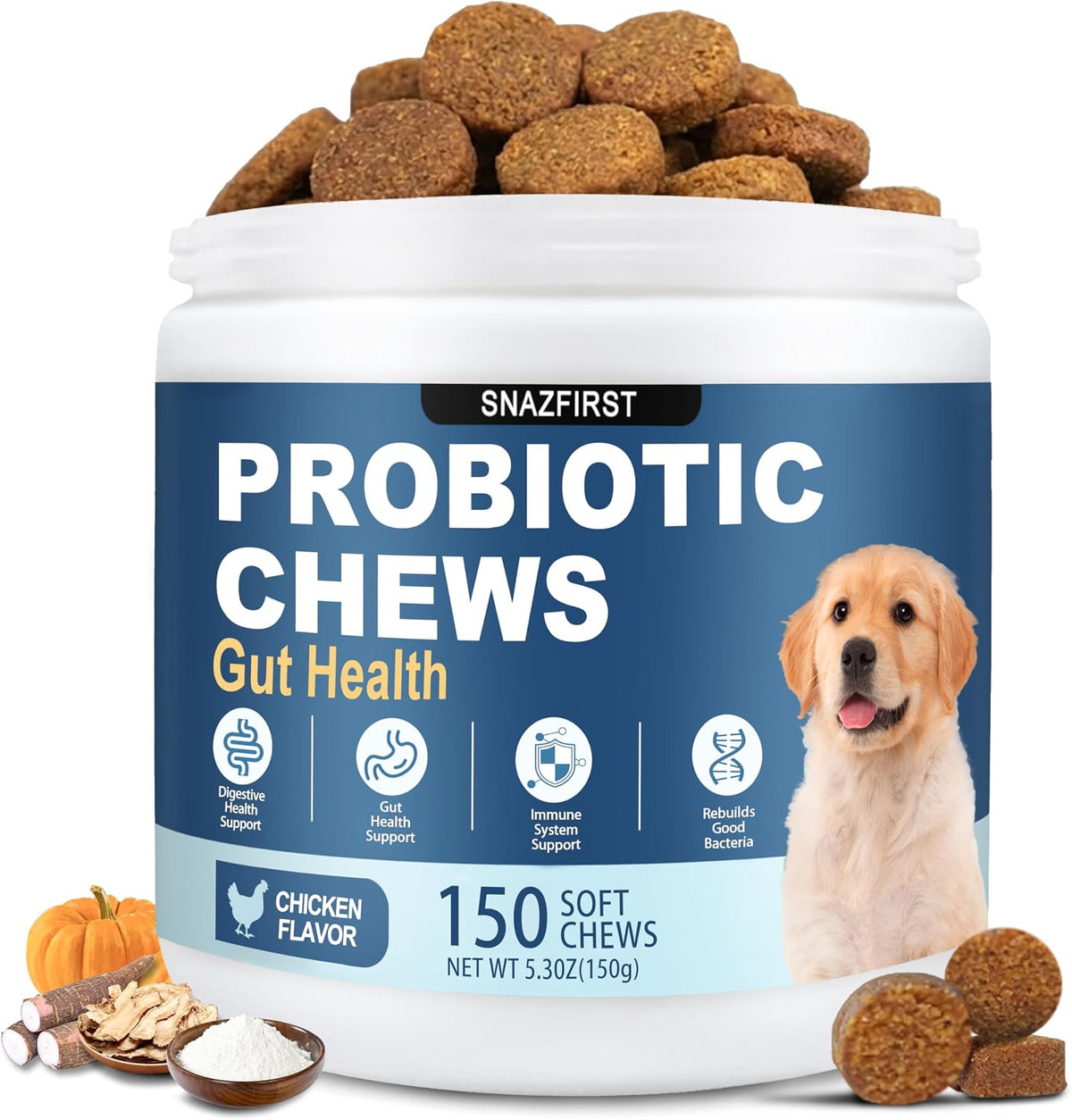 Drool Duke Dog Probiotic Chews front view of packaging for pet gut health.