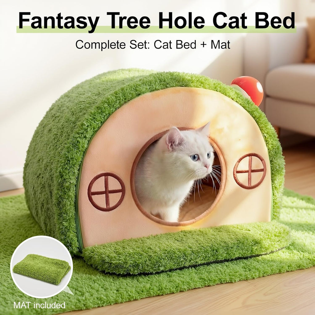 Side angle of Mellownido forest-themed cat cave hideaway