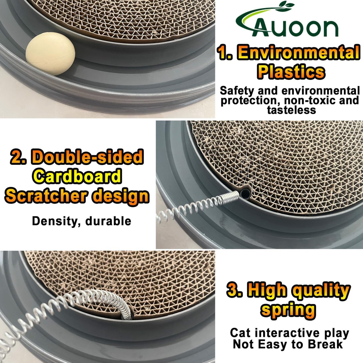 Close up of the durable cardboard scratch pad insert on the AUOON gray cat toy base.