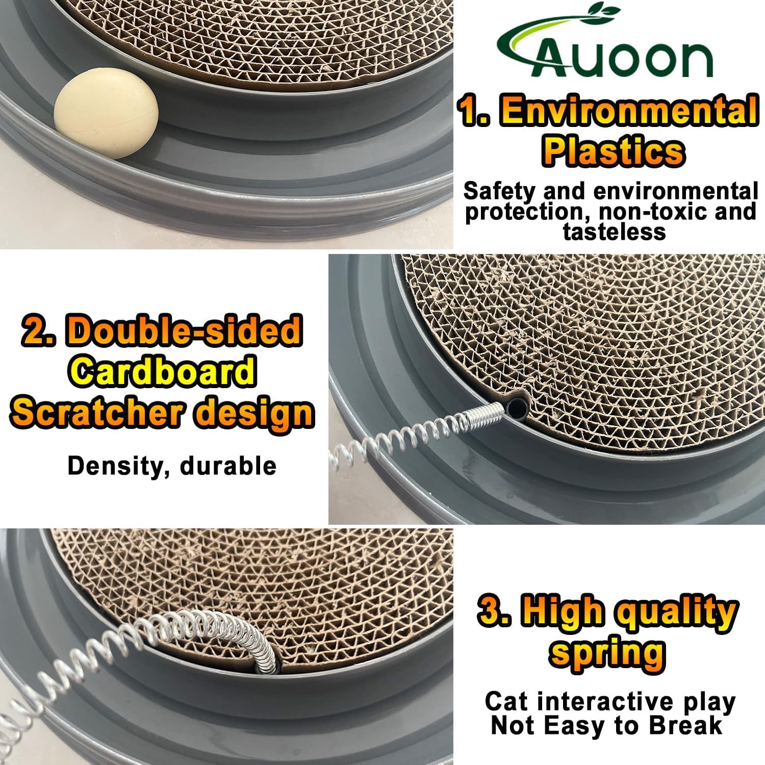 Close up of the durable cardboard scratch pad insert on the AUOON gray cat toy base.