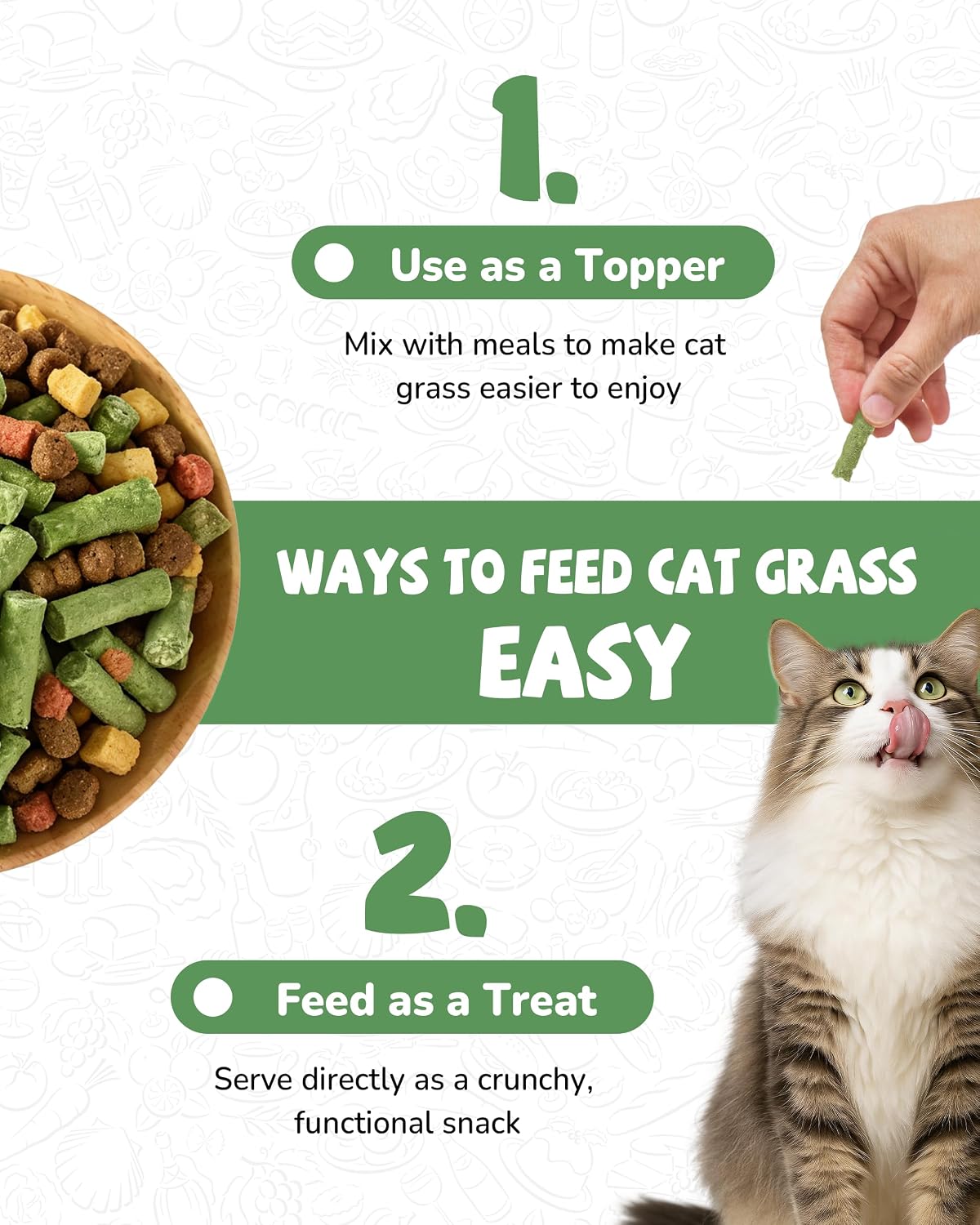 Natural barley cat grass freeze dried pellets close up texture