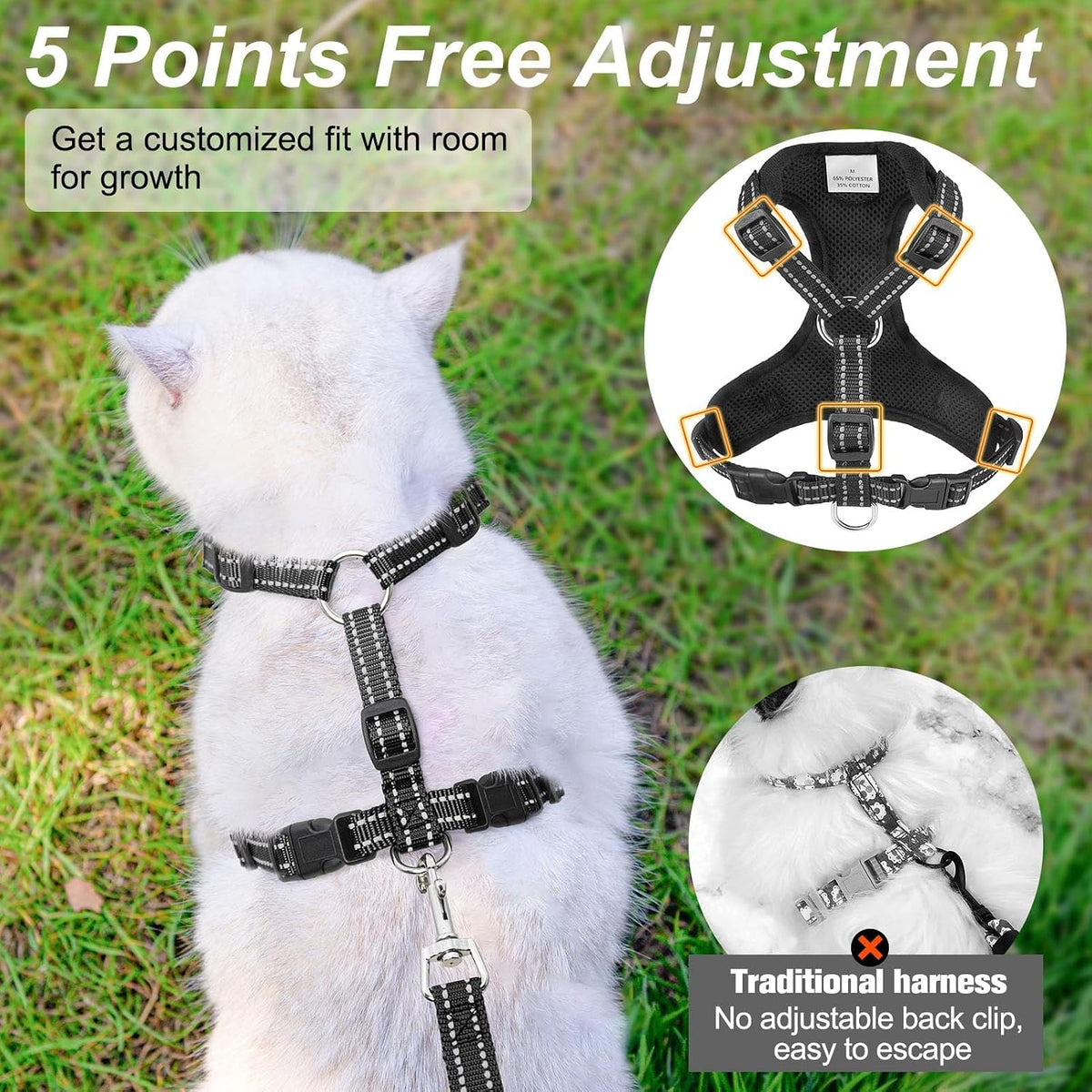 Beautyzoo reflective cat walking harness and five foot leash set