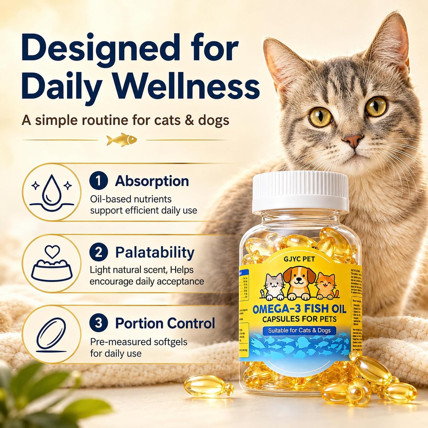 Pet Royale EPA and DHA softgels bottle label showing dosage instructions.