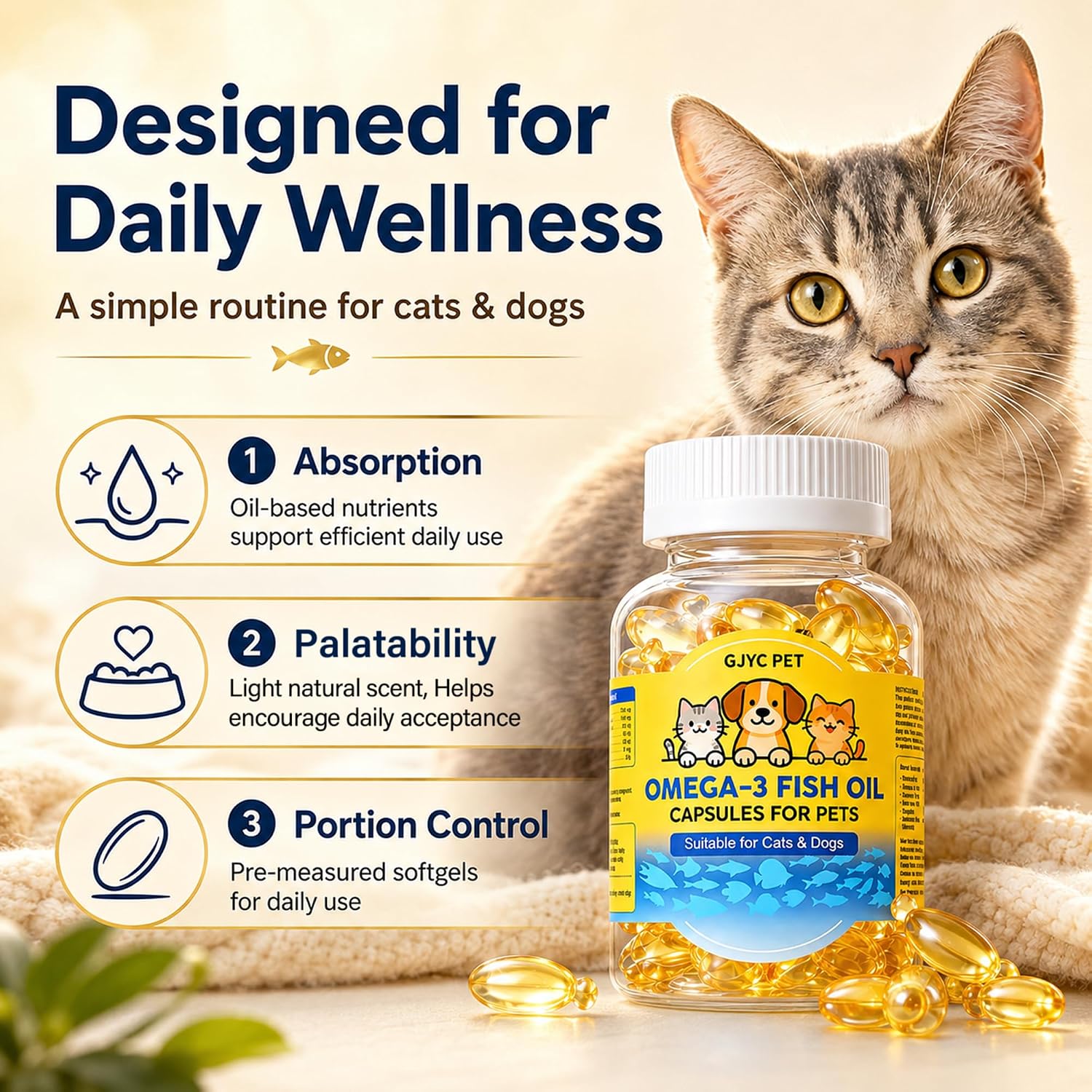 Pet Royale EPA and DHA softgels bottle label showing dosage instructions.