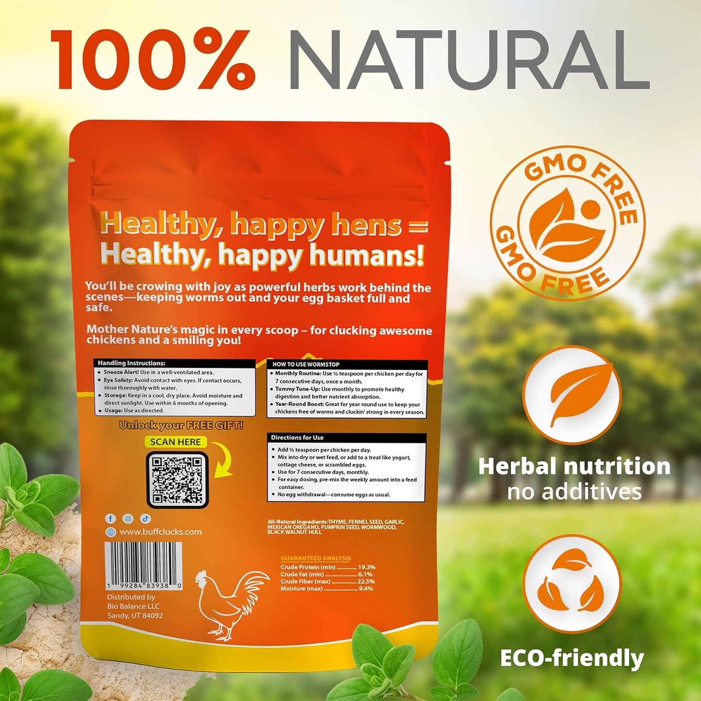 Resealable Pouch Of Buff Clucks Herbal Dewormer For Backyard Flocks