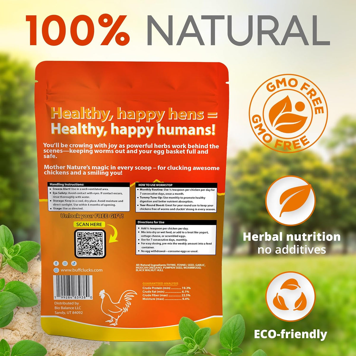 Buff Clucks WormStop pouch showing key ingredients and herbal blend details
