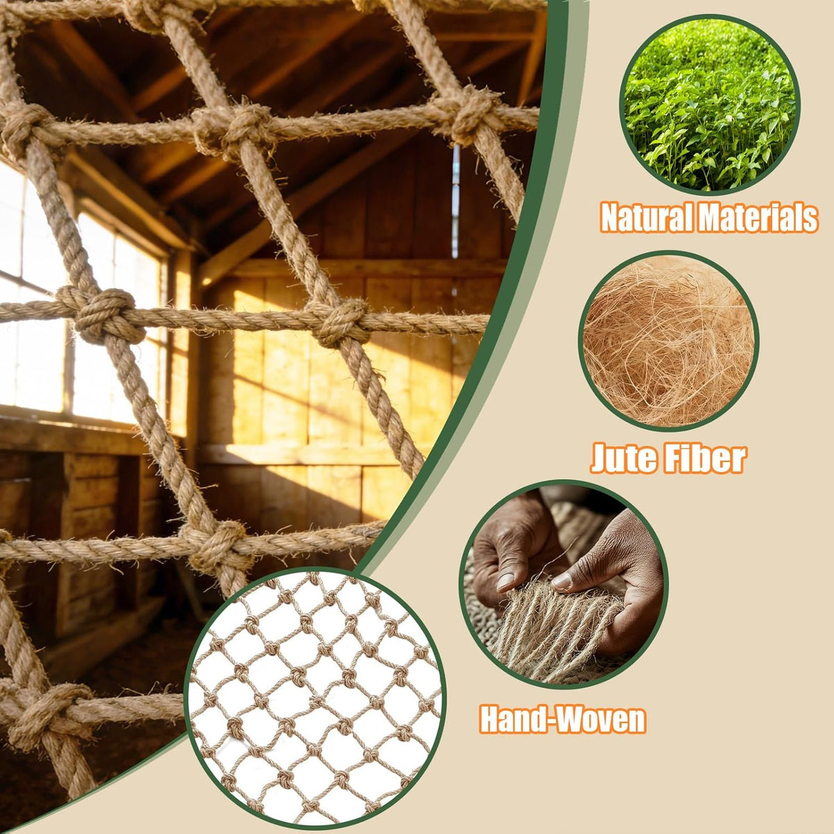 Close up of 4-inch mesh hand-woven jute rope