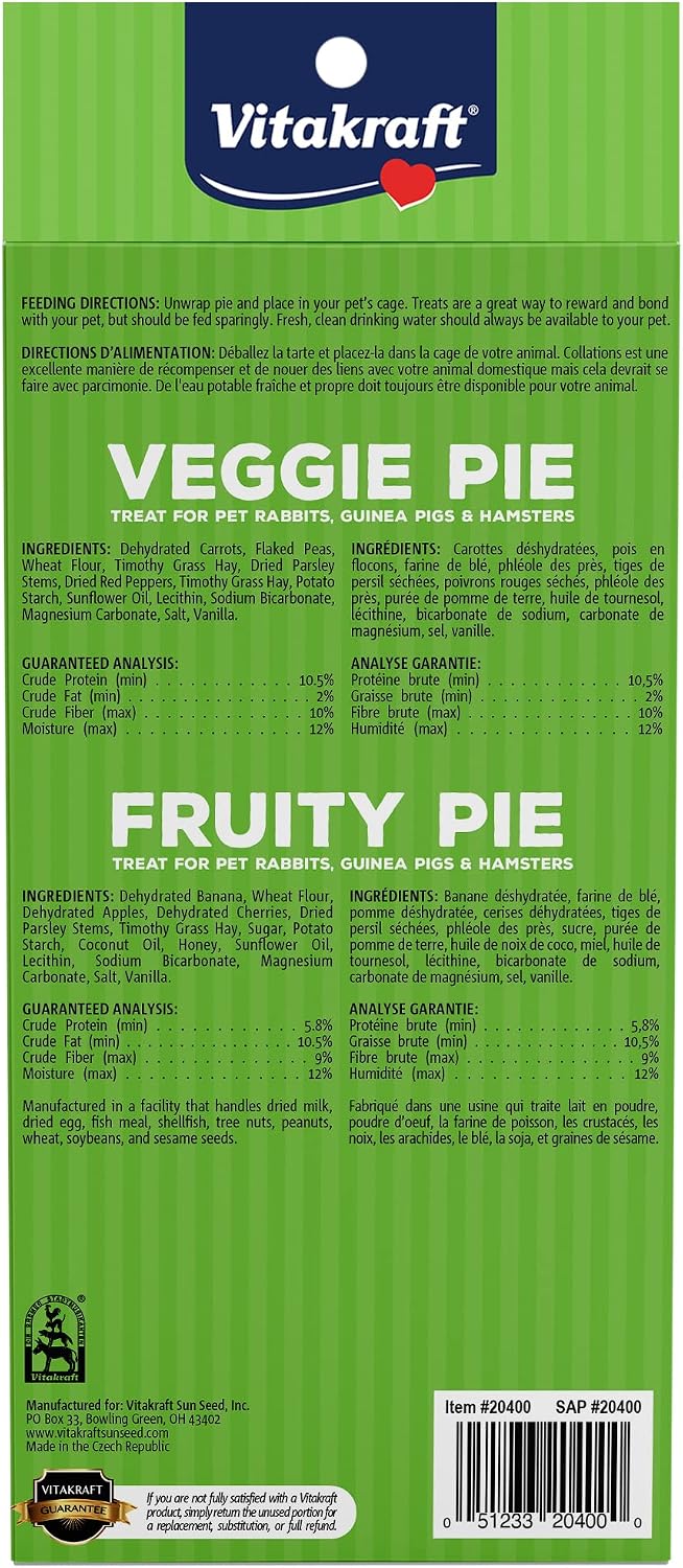 Vitakraft baked pie treats for rabbits and guinea pigs showing the crunchy timothy hay crust