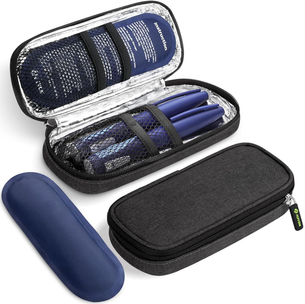 AUVON insulin cooler travel case front view showcasing the black compact exterior design for diabetic medication storage.