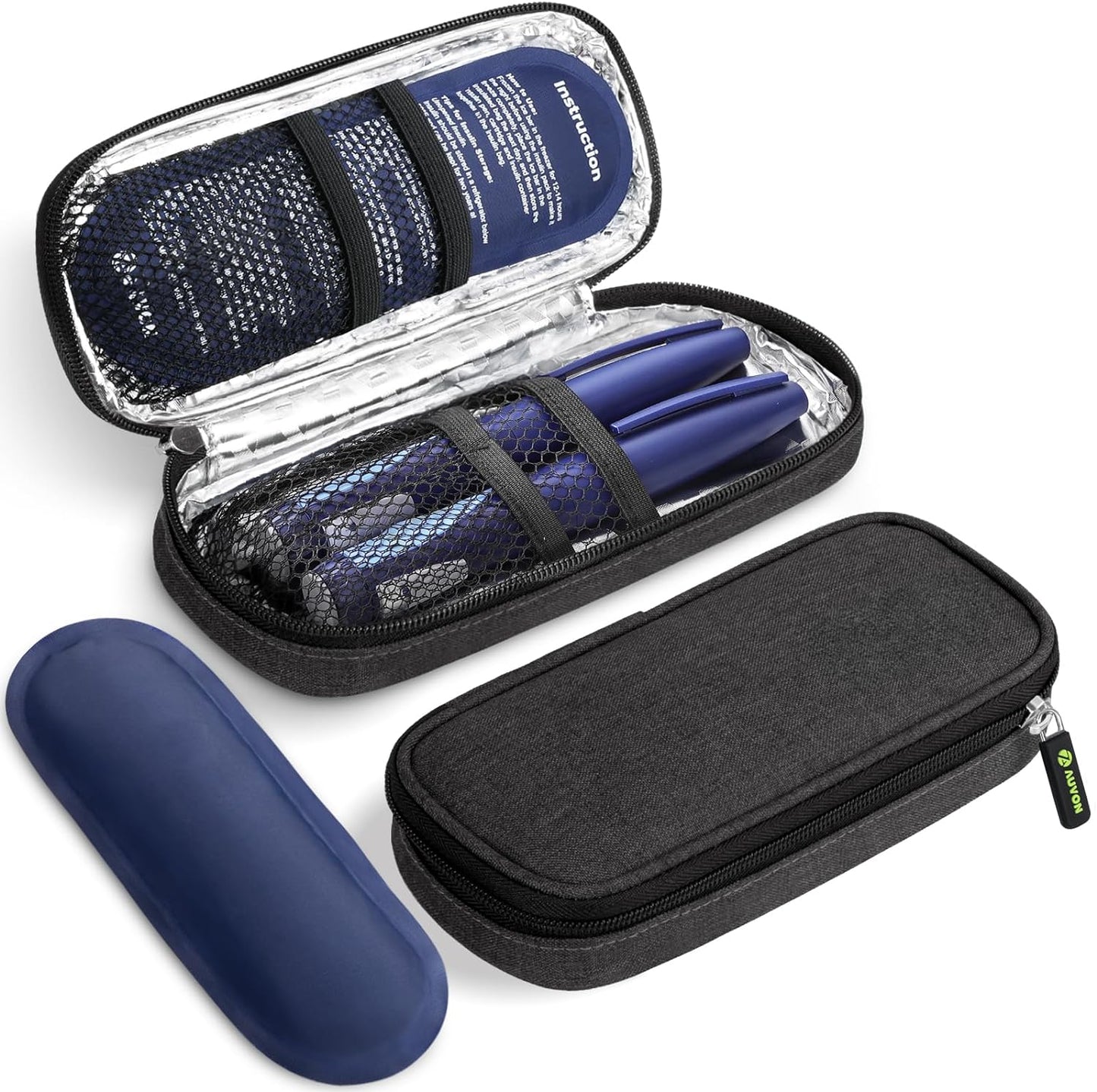 AUVON insulin cooler travel case front view showcasing the black compact exterior design for diabetic medication storage.