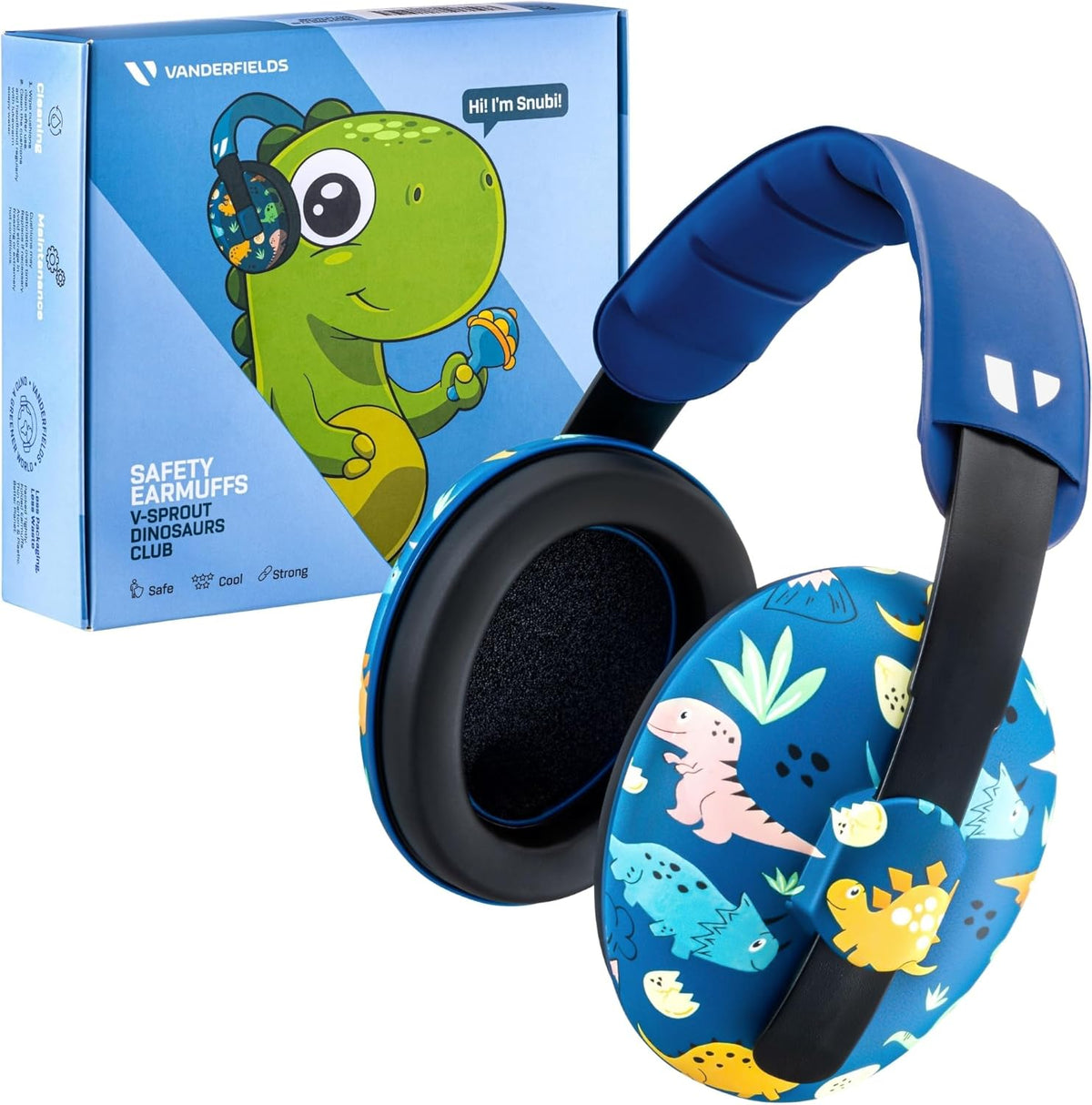 Vanderfields baby ear protection earmuffs dinosaur club design front view