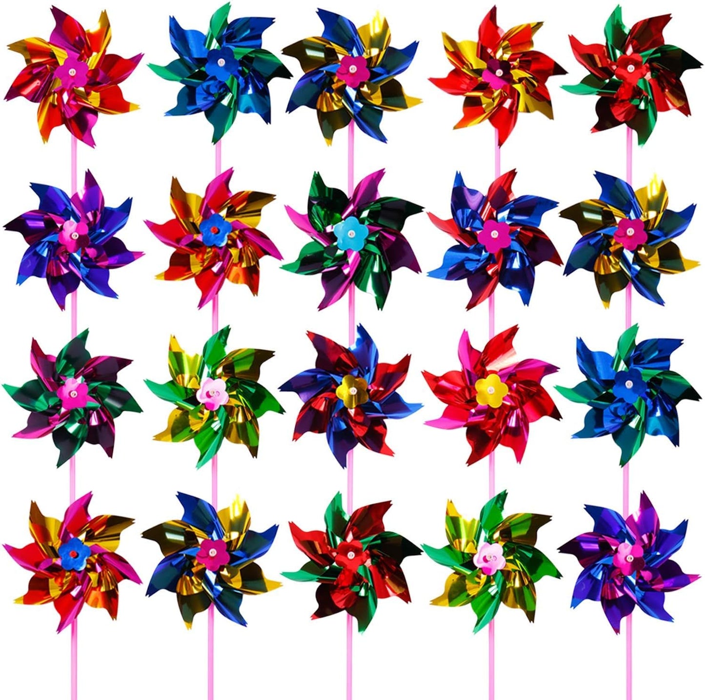 Elcoho 100 piece plastic rainbow windmill pinwheels front view