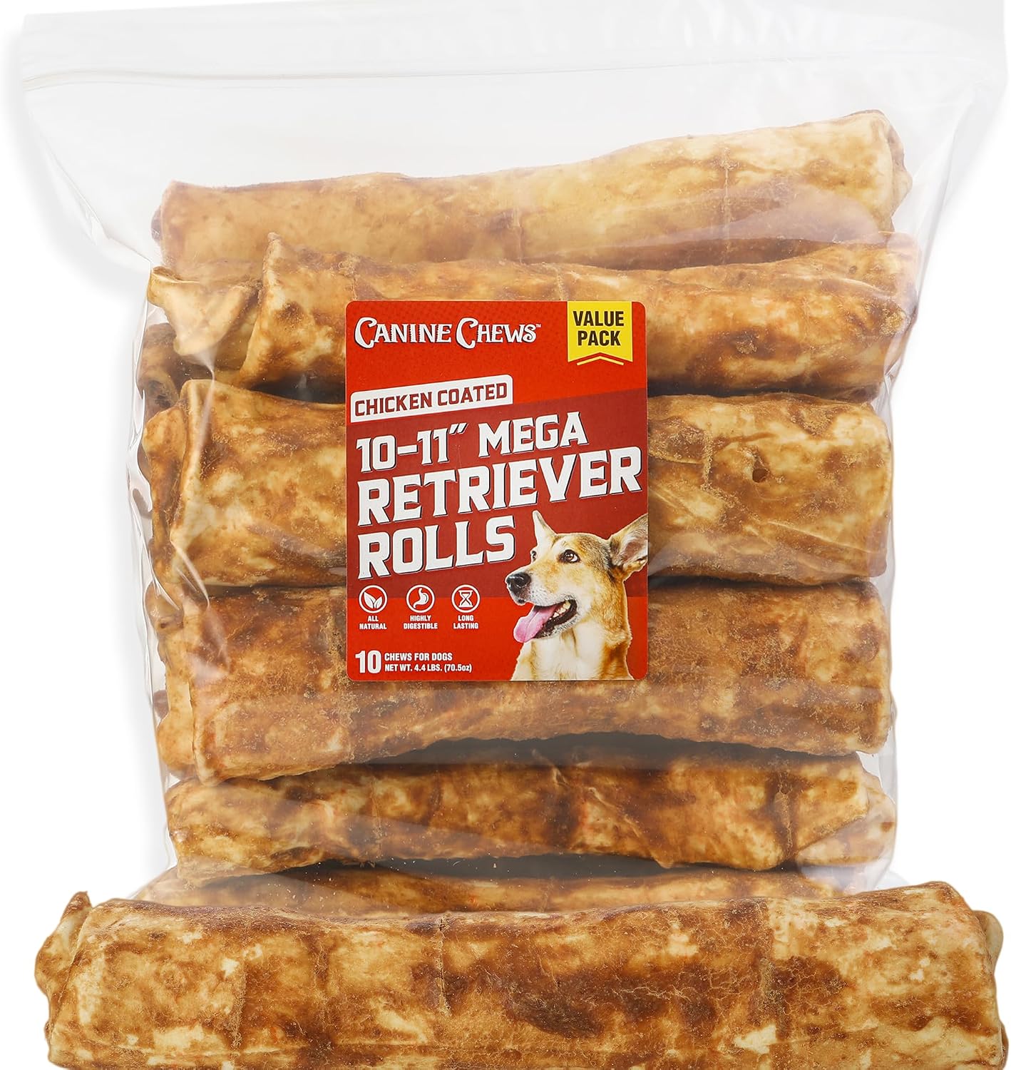 Canine Chews 10-11" Beef-Basted MEGA Retriever Rolls (10 Pack) Natural Rawhide for Big Dogs - Long-Lasting Dog Chew Treats for Aggressive Chewers - Odor-Free - Extra-Large - Image 9