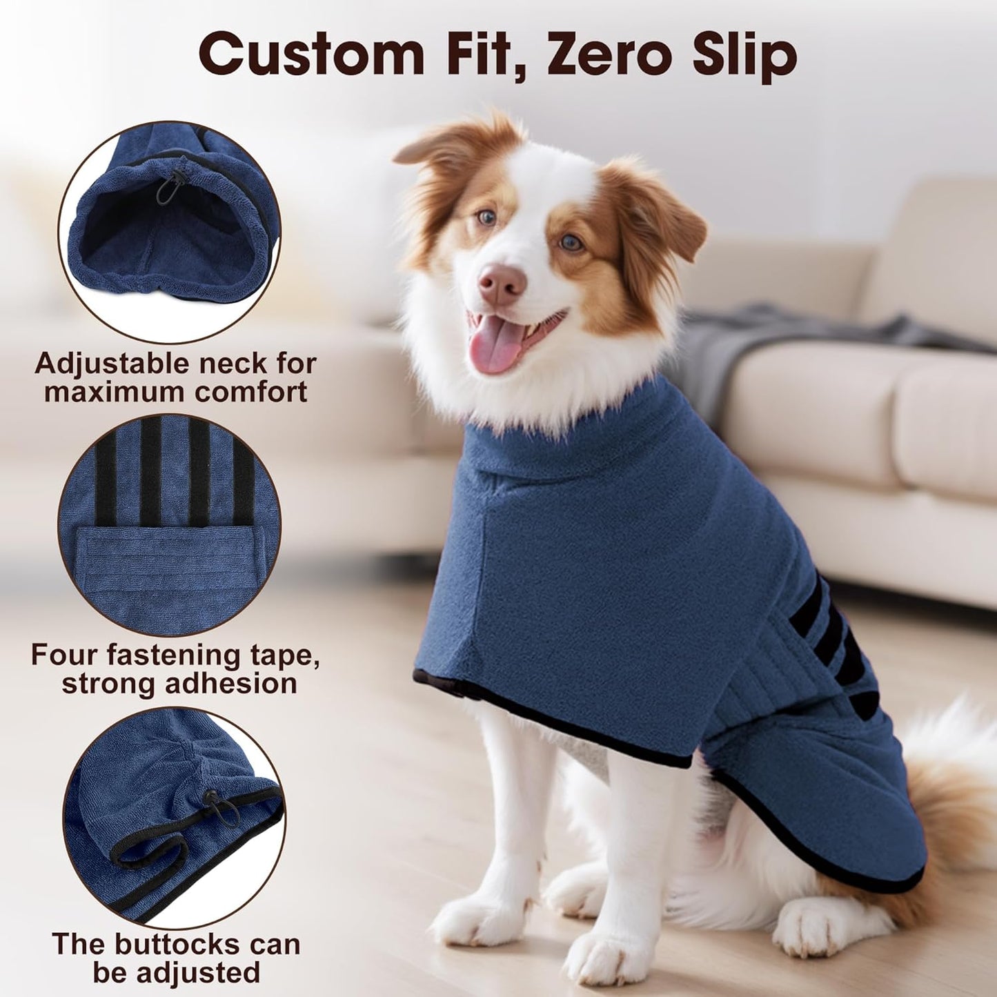 Side view of HezzLuv blue dog towel wrap with black stripes
