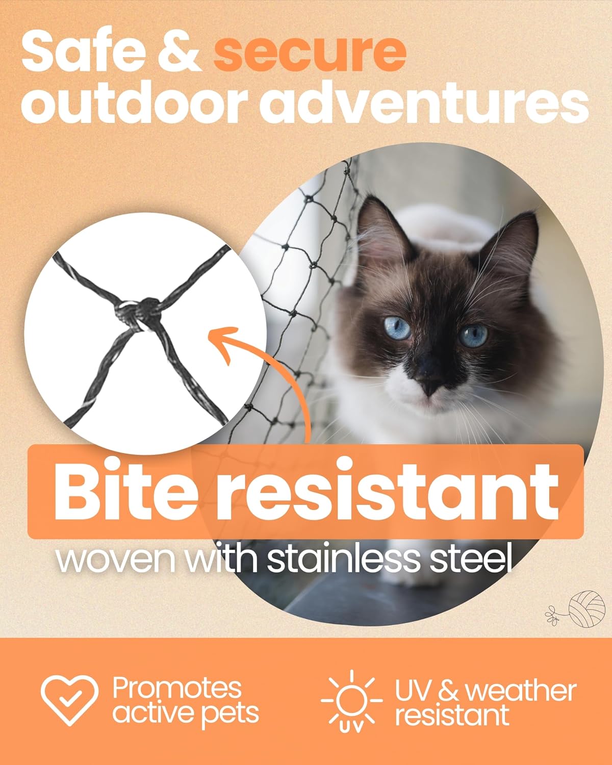 Close up of stainless steel reinforced cat net mesh texture