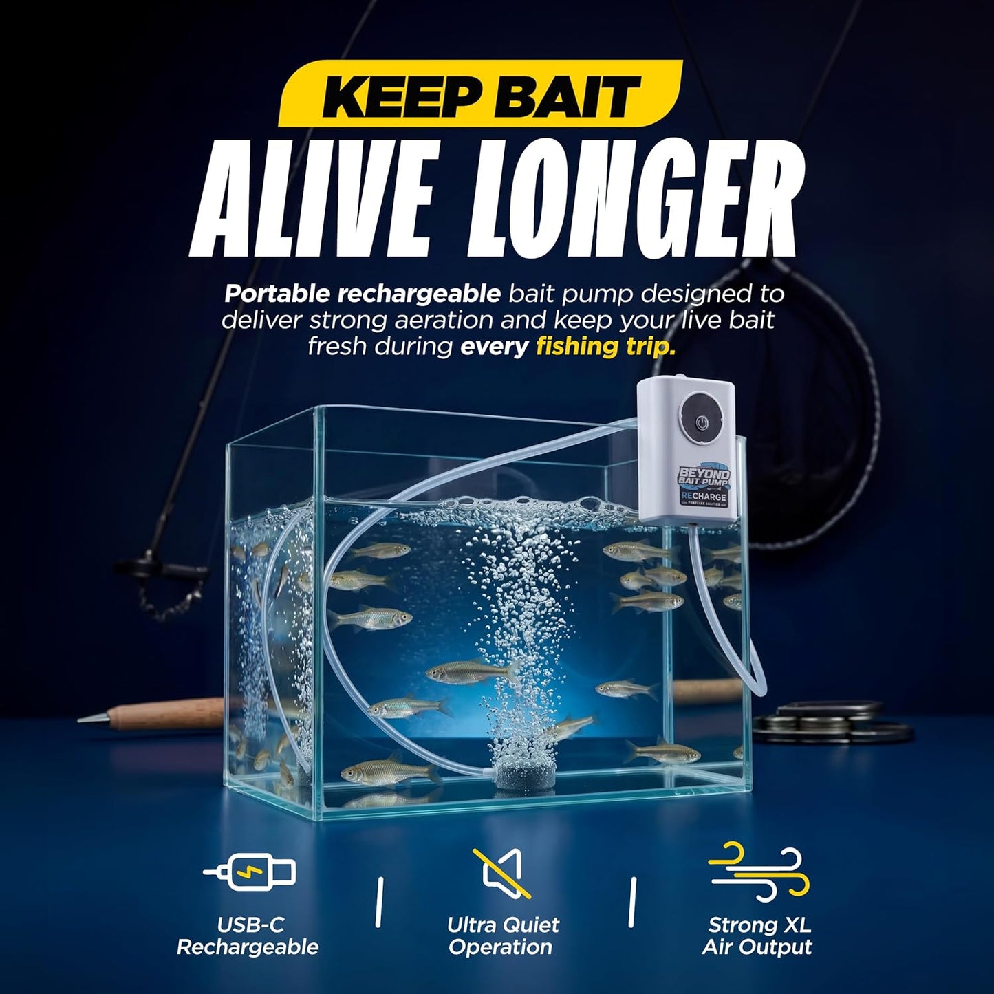 Beyond Braid portable bait bubbler attached to a fishing bucket