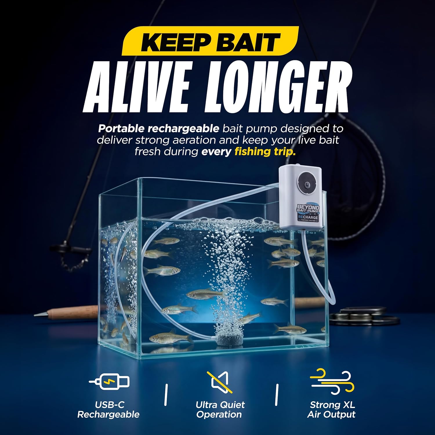 Beyond Braid portable bait bubbler attached to a fishing bucket