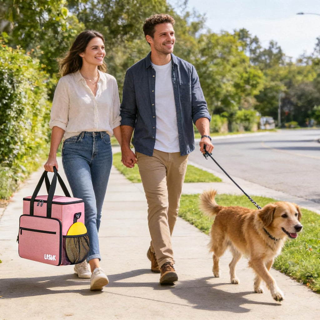 LASUK pet travel bag side view showing poop bag dispenser