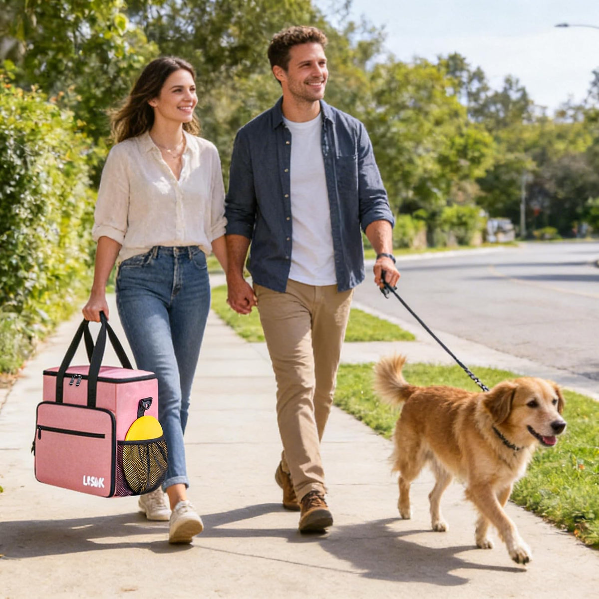 LASUK pet travel bag side view showing poop bag dispenser