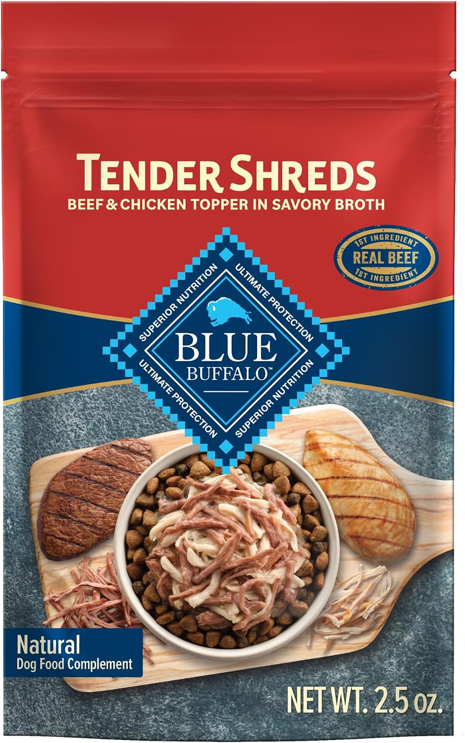 Blue Buffalo Tender Shreds Tasty Chicken Topper and Beef & Chicken Topper Natural Dog Food Complement, 2.5-oz. Pouch, 12-Count Variety Pack - Image 13