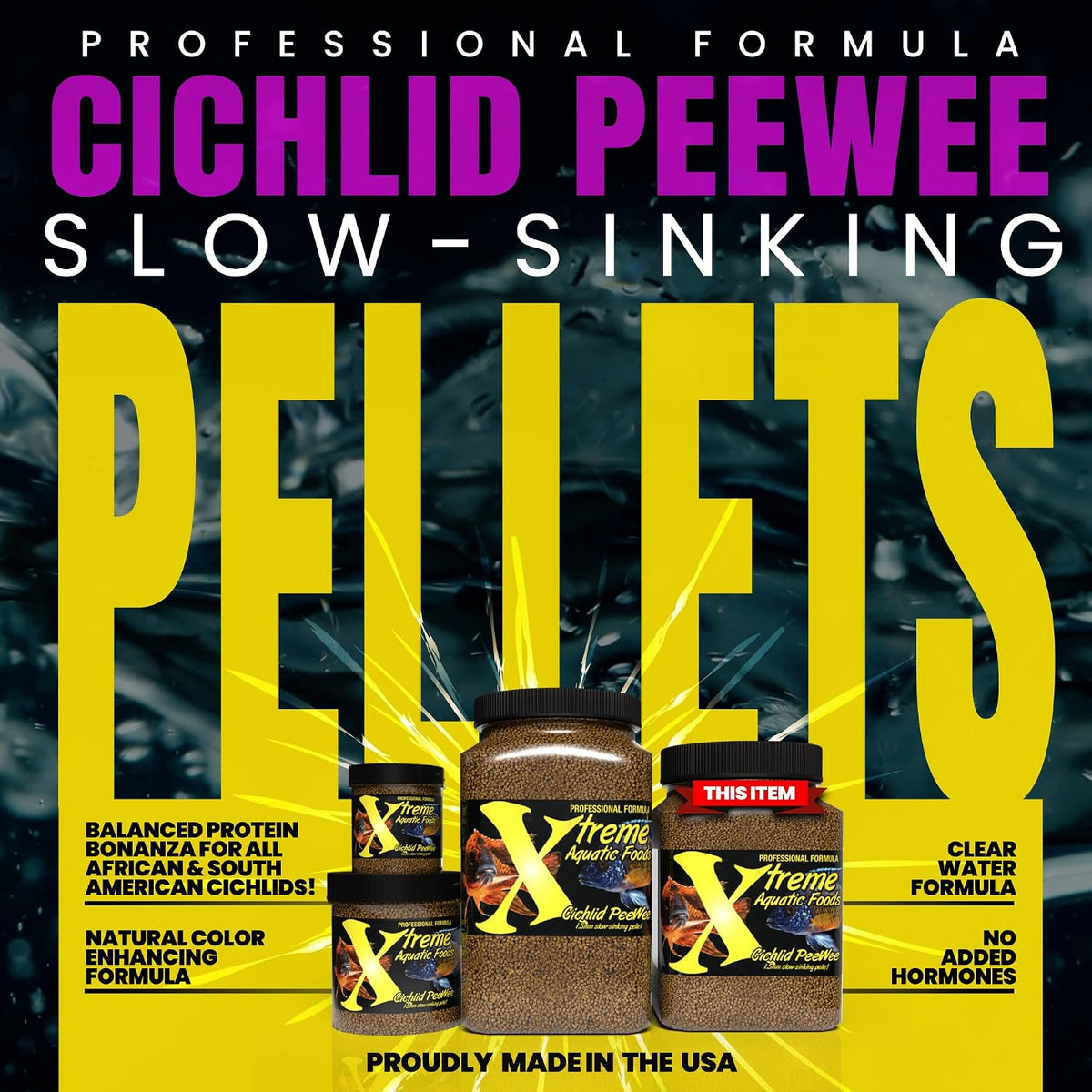 Xtreme Aquatic Foods Cichlid Peewee 1.5 Millimeter Pellets container front view fish food
