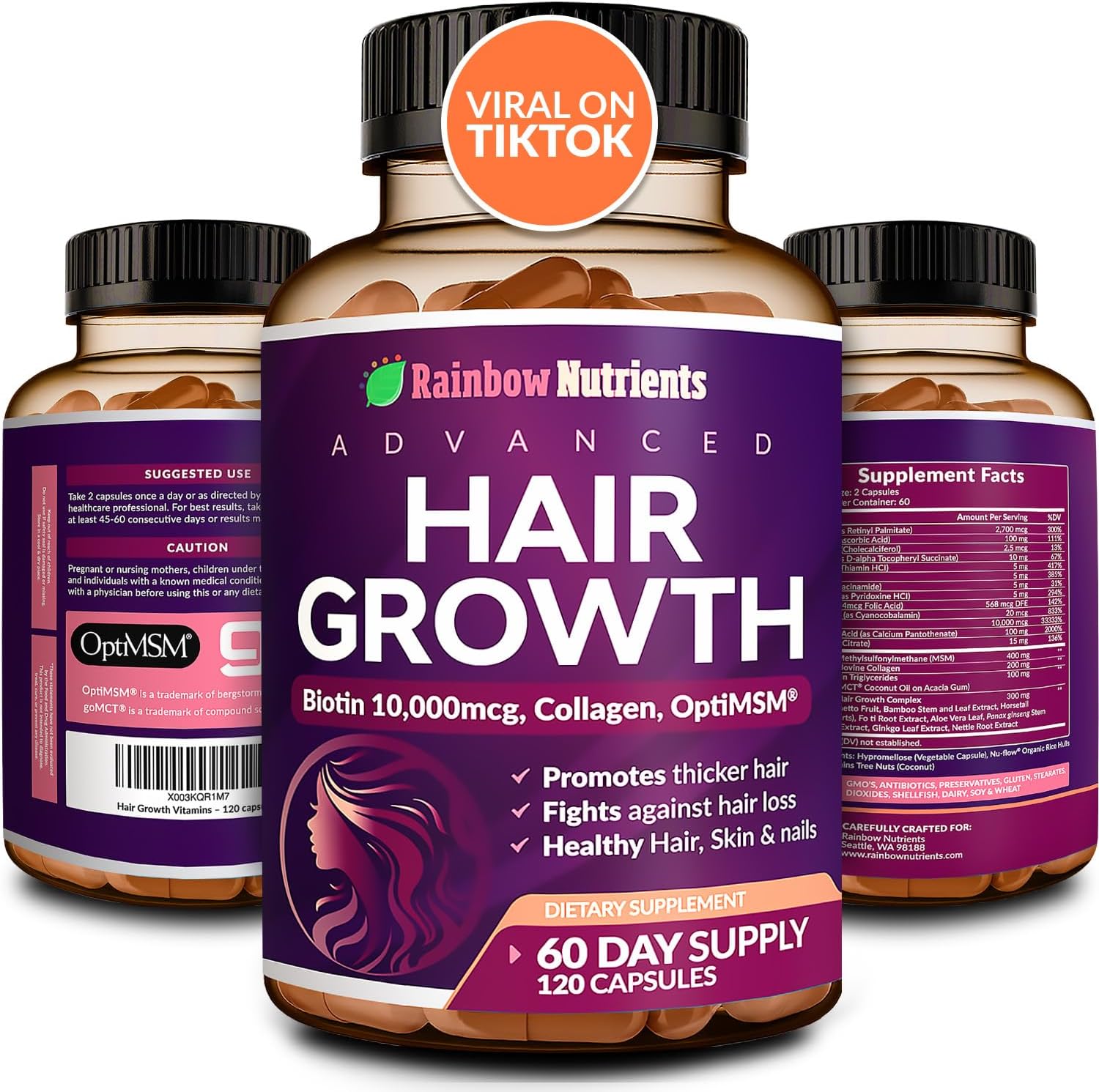Rainbow Nutrients Advanced Hair Growth Vitamins for Women bottle front view displaying biotin and collagen ingredients