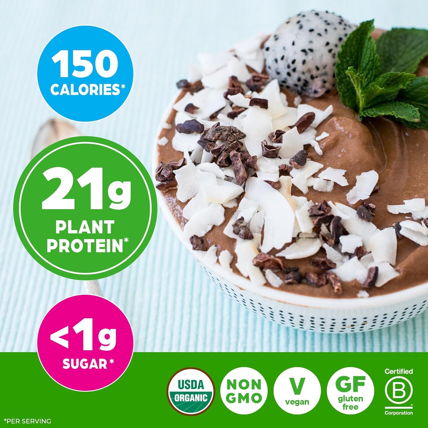 Ingredients list on back label of Orgain organic vegan chocolate protein powder