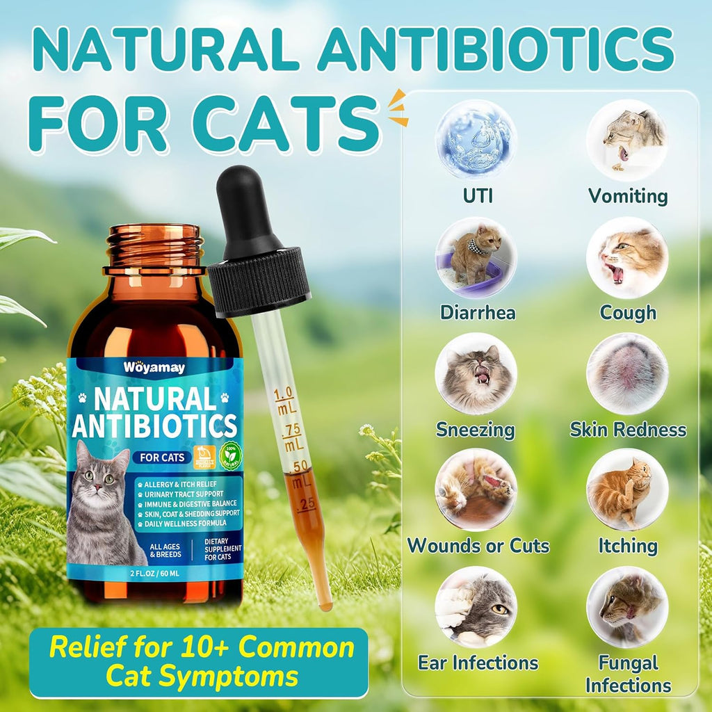 Woyamay cat allergy relief liquid drops packaging showing ingredients for urinary tract health.