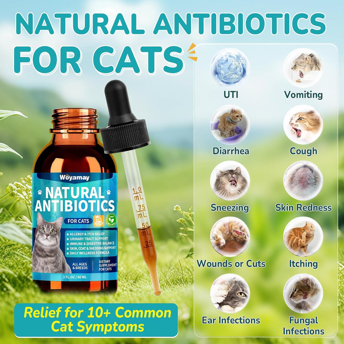 Woyamay cat allergy relief liquid drops packaging showing ingredients for urinary tract health.