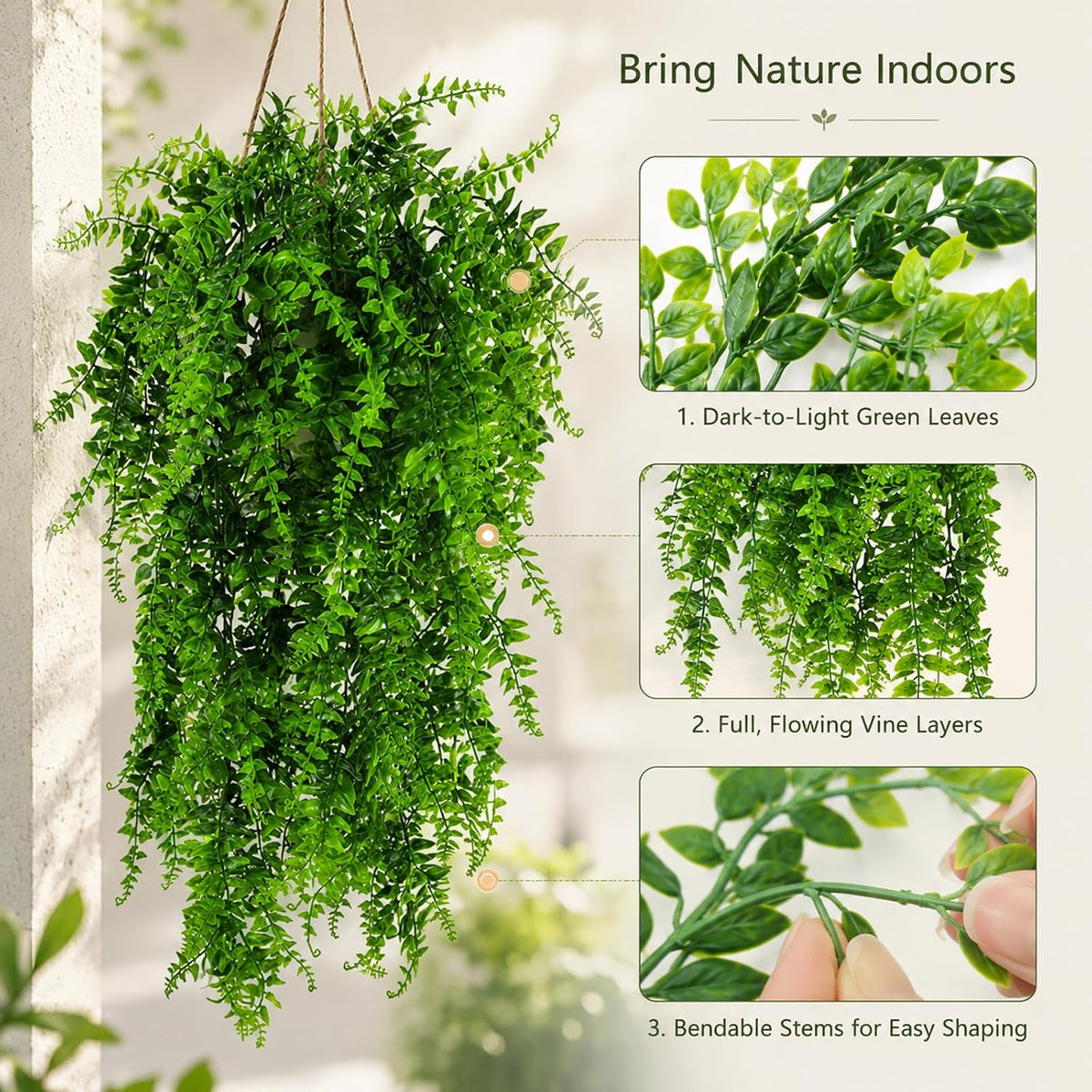 Close-up of soft silk leaves and plastic texture on Hercocci terrarium vines.