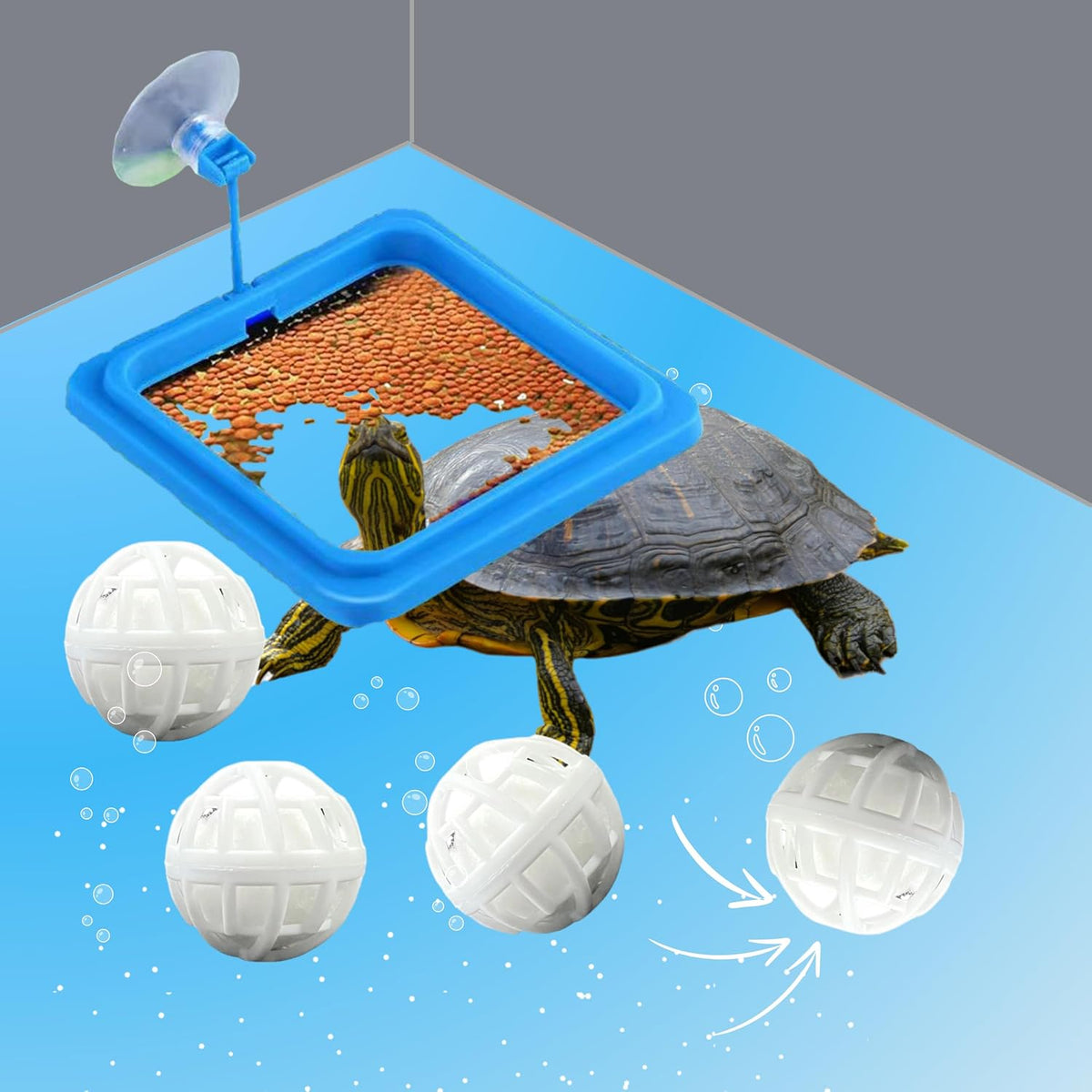 PurrrfectionPet square turtle feeding ring front view floating inside a clean aquarium tank.