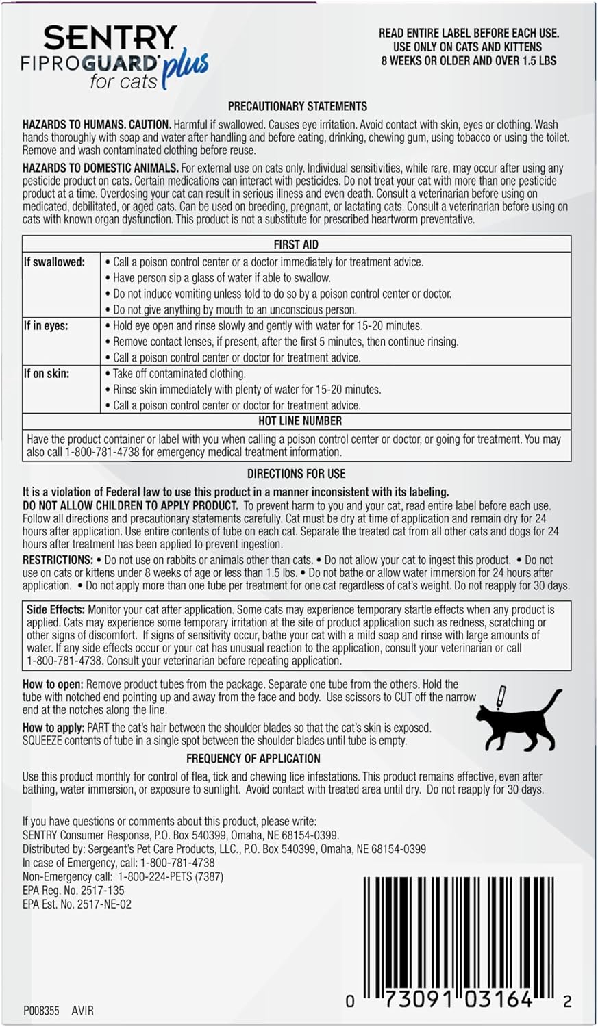 Three count squeeze on applicators for feline tick and lice control.
