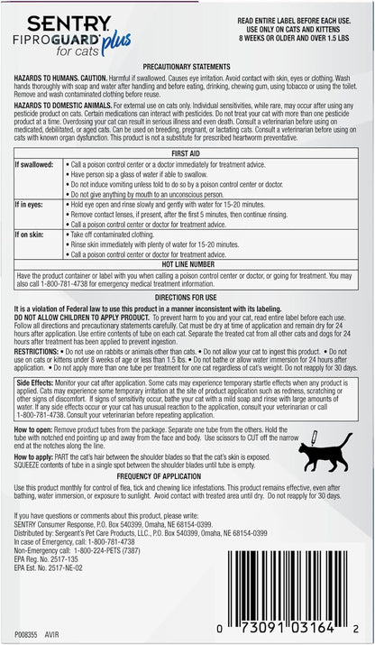 Three count squeeze on applicators for feline tick and lice control.
