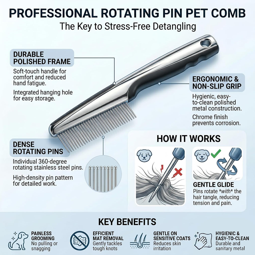 Rotating 360-degree pins for pain-free pet detangling