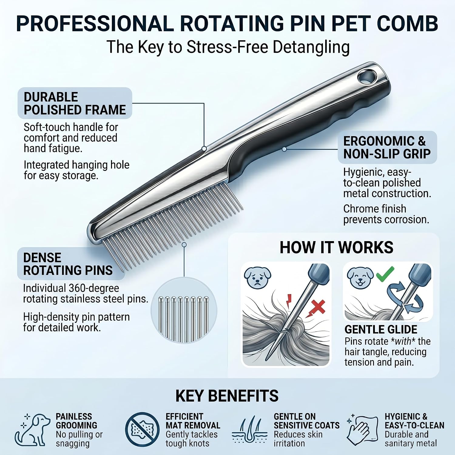Rotating 360-degree pins for pain-free pet detangling