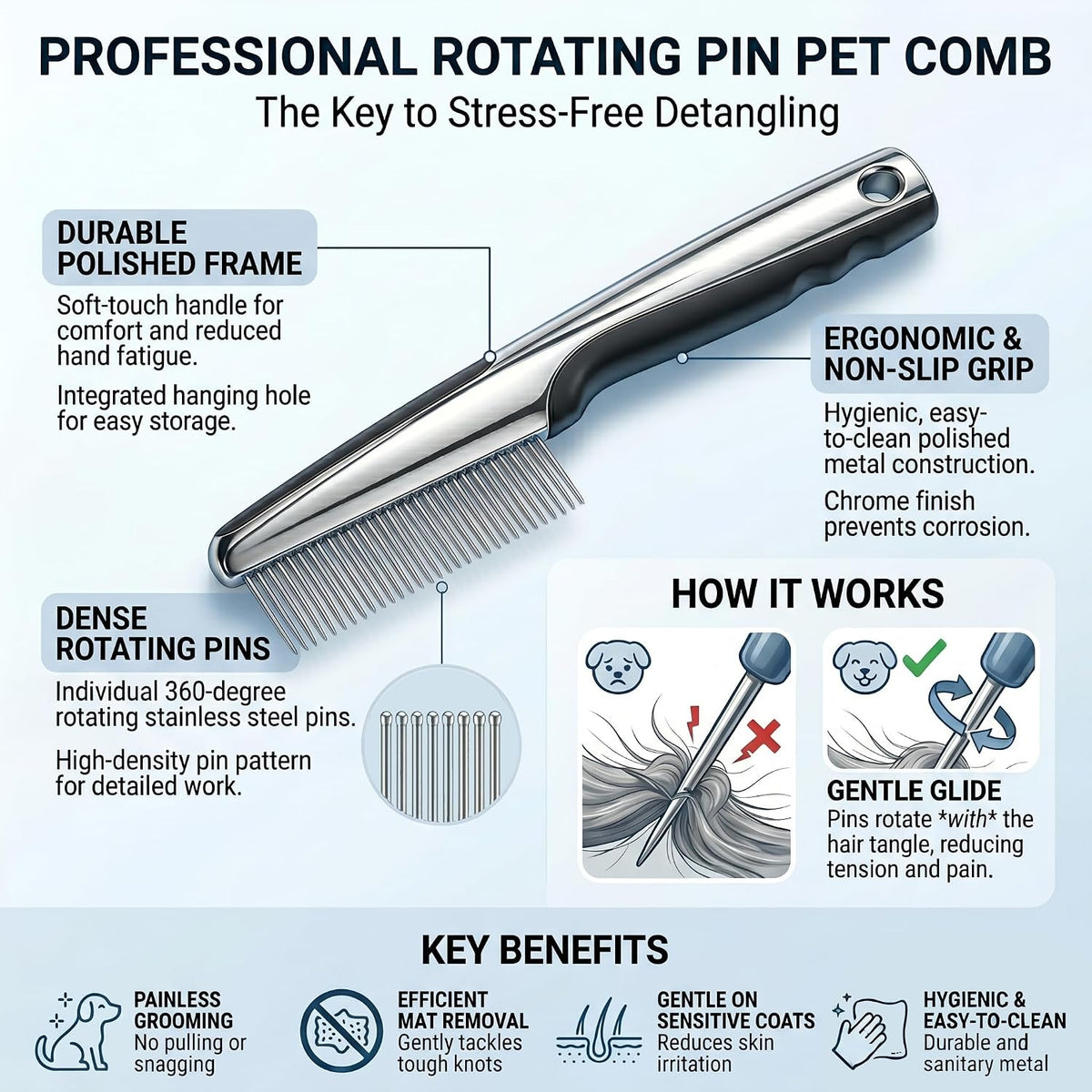 Rotating 360-degree pins for pain-free pet detangling
