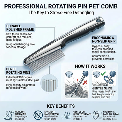 Rotating 360-degree pins for pain-free pet detangling