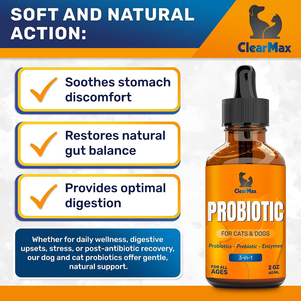 Clear Max pet digestive support syrup dropper bottle with 6 billion CFU packaging details
