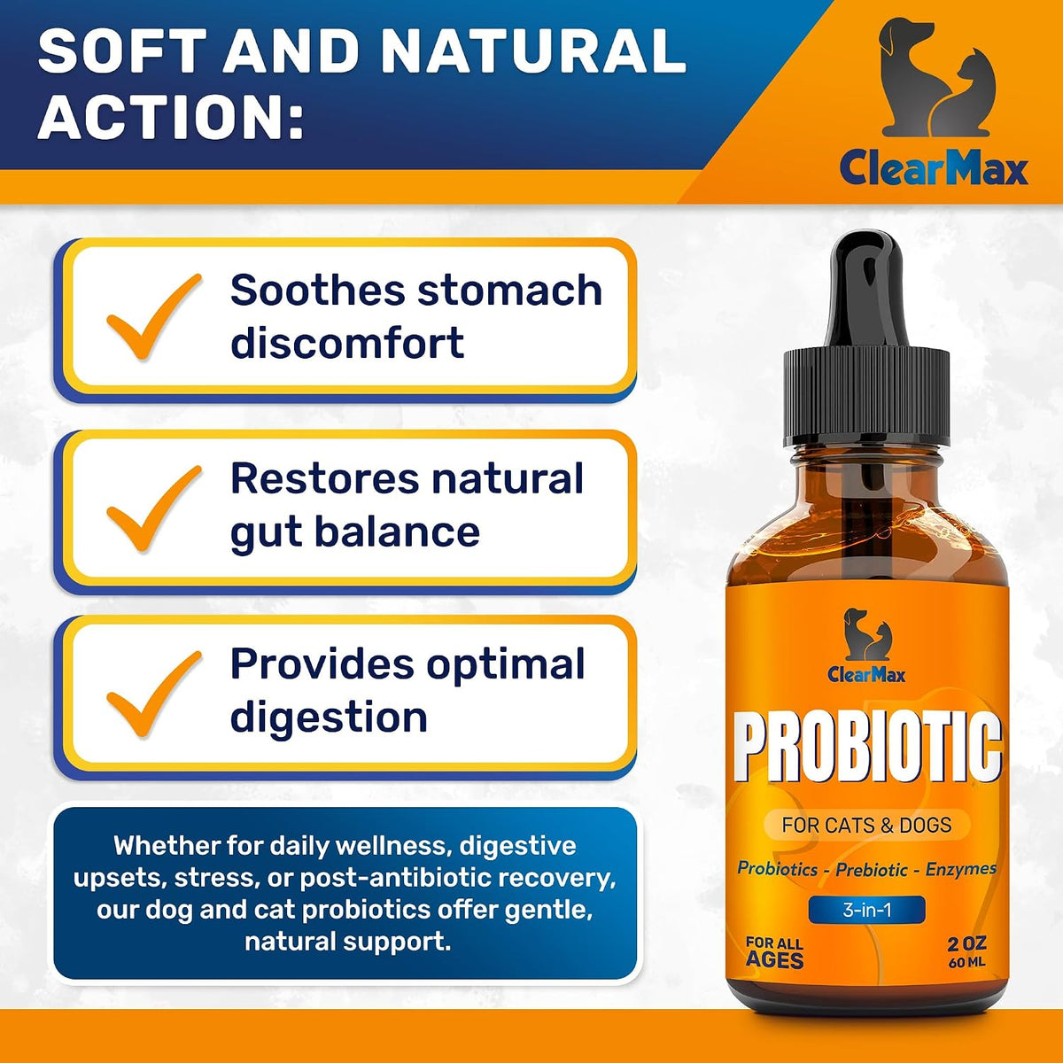 Clear Max pet digestive support syrup dropper bottle with 6 billion CFU packaging details