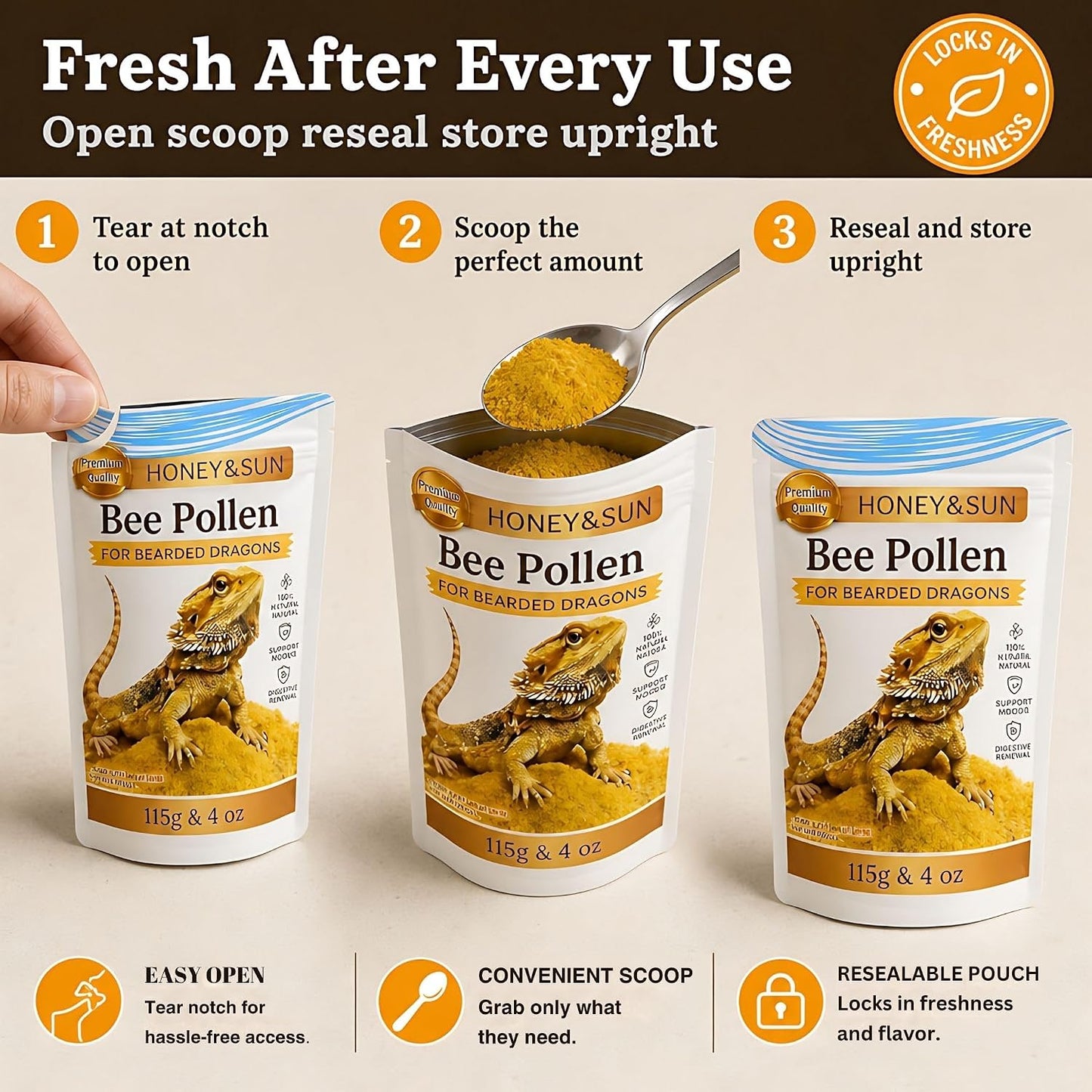 Detailed view of the 115 gram organic bee pollen packaging
